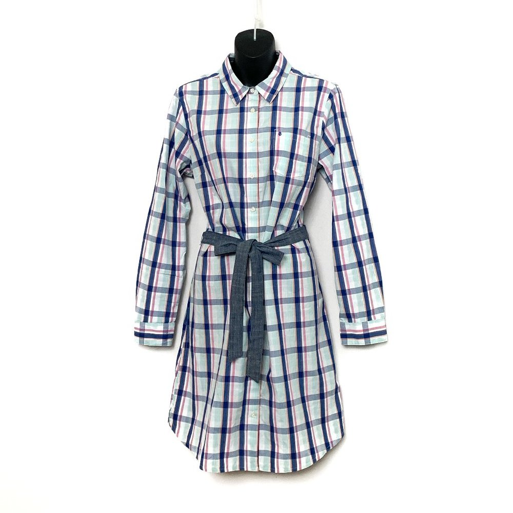 IZOD Womens Convertible Sleeve Button Up Blue & Pink Plaid Shirt Dress Sz L NWOT